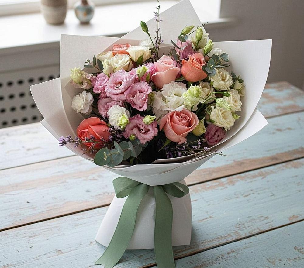 Букет цветов из: Розы, Лизиантусы и Гвоздики в Краснознаменске Московской области