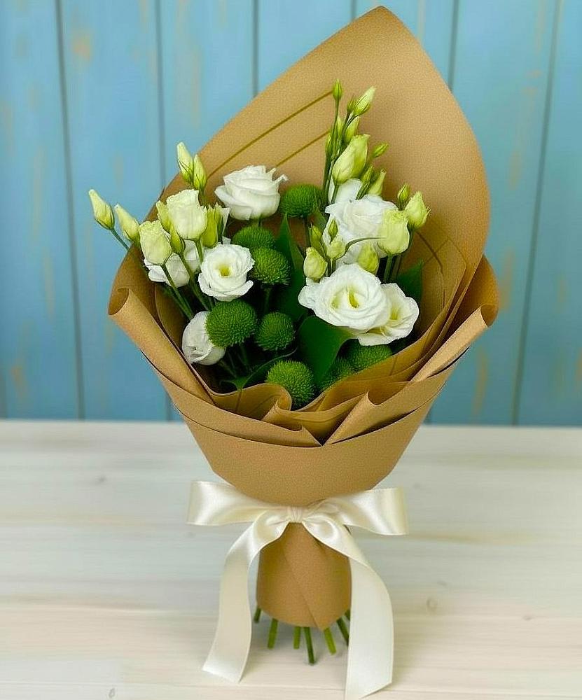 Букет цветов из: Хризантемы и Лизиантусы в Краснознаменске Московской области