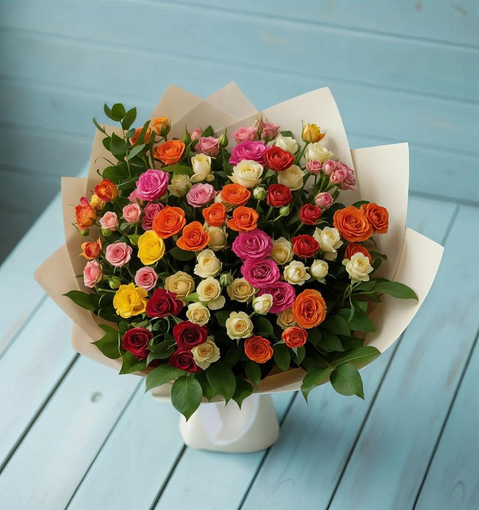 Букет Микс из разноцветных кустовых роз в Краснознаменске Московской области