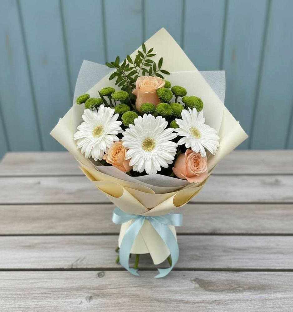 Букет цветов из: Герберы, Розы и Хризантемы в Краснознаменске Московской области