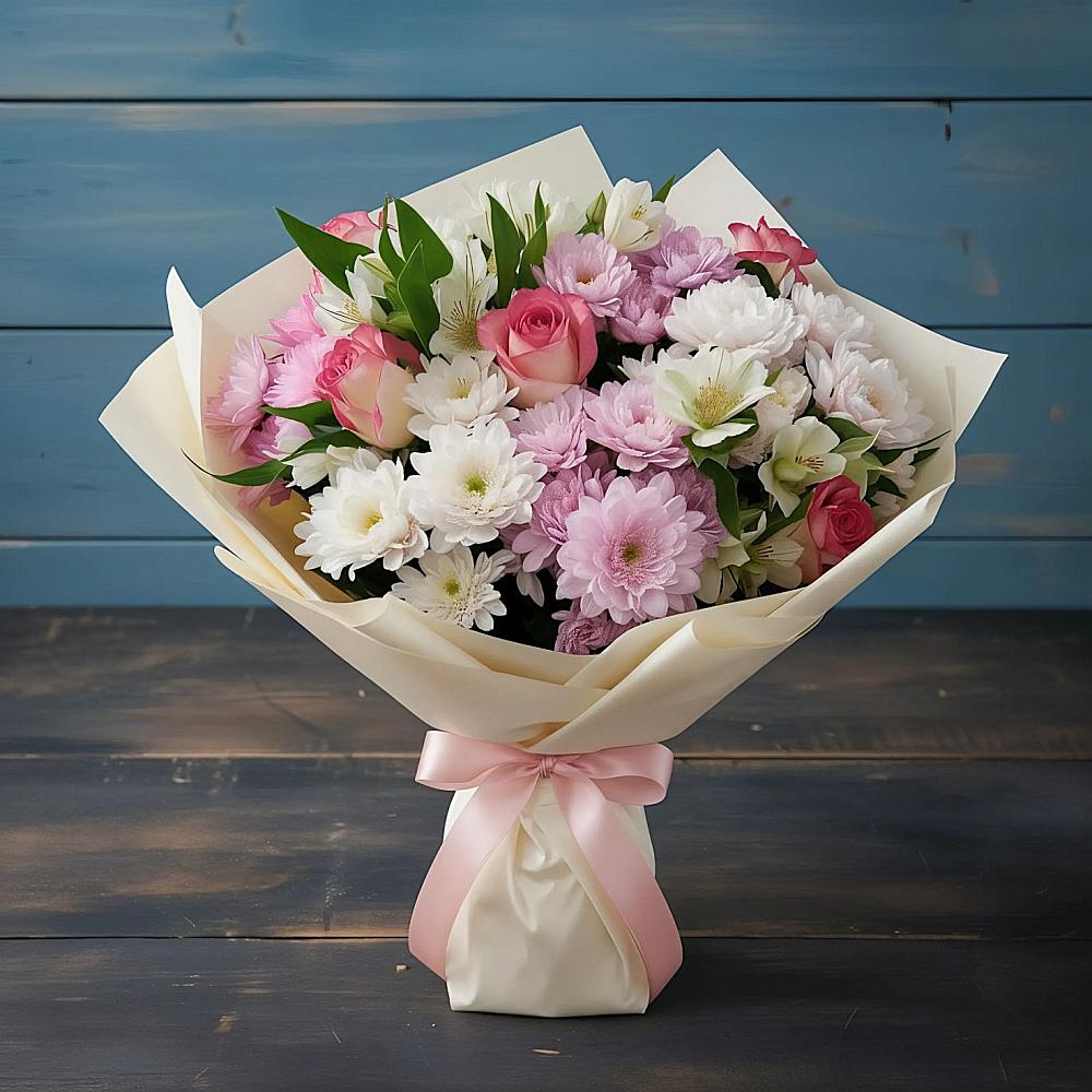 Букет цветов из: Хризантемы, Альстромерии и Розы в Краснознаменске Московской области